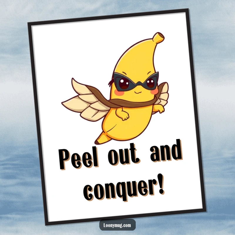 Funny Free Printable Wall Art: A determined banana in a heroic cape flies with purpose, adding quirky and humorous decor.