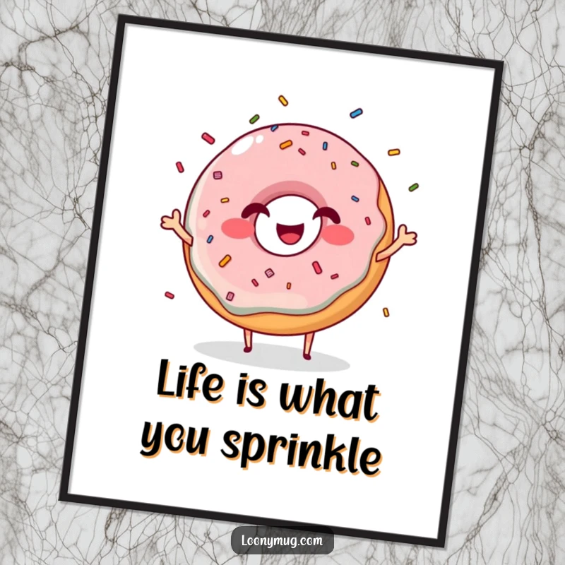 Funny Free Printable Wall Art: A giggling donut character with a wide grin, skillfully juggling a shower of colorful sprinkles for DIY decor.