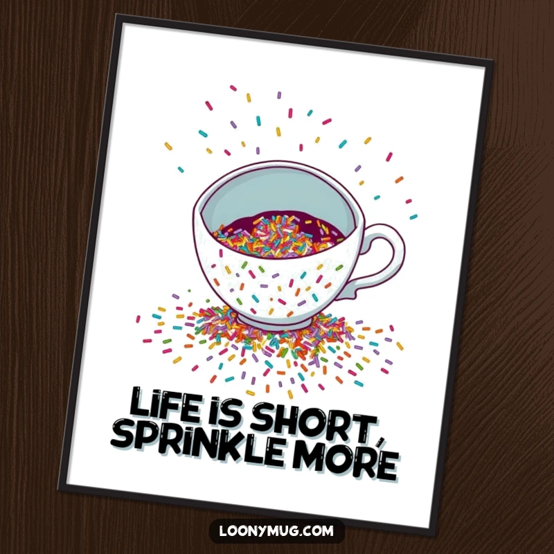 Funny Free Printable Wall Art: A mischievous teacup spills a cascade of colorful sprinkles.