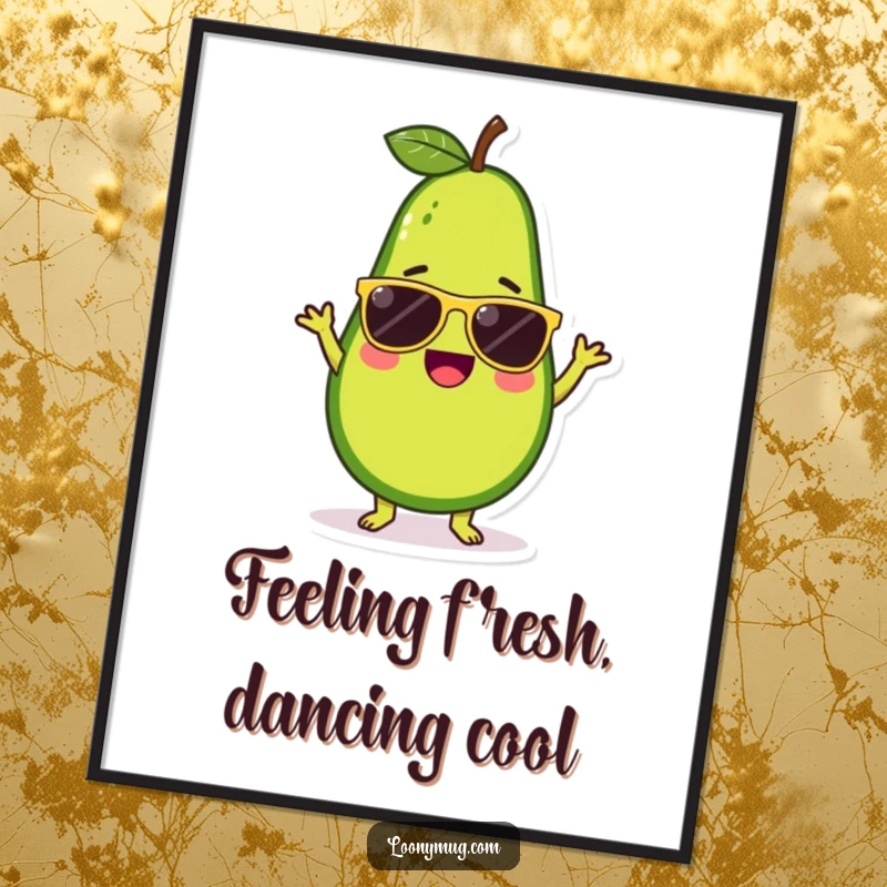 Funny Free Printable Wall Art: A cute avocado character wearing sunglasses, captured mid-silly dance with energetic, fun movement.