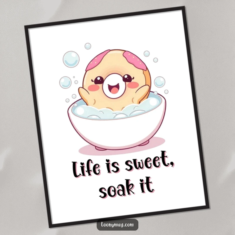 Funny Free Printable Wall Art: A happy donut character luxuriating in a bubble bath with sheer, uninhibited joy, radiating happiness.