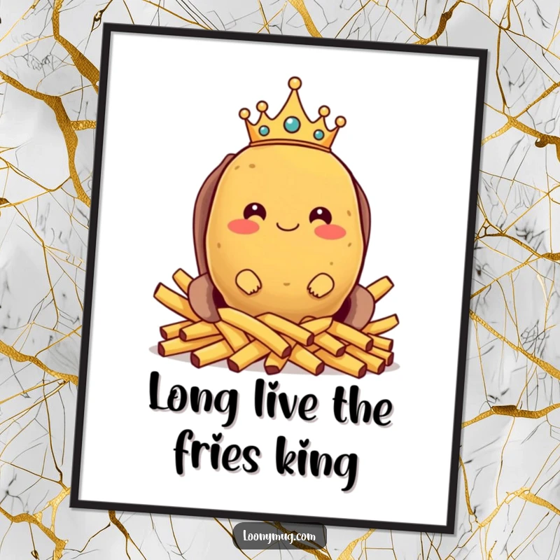 Funny free printable wall art: a proud potato wearing a tiny crown sits regally on a throne composed entirely of french fries.