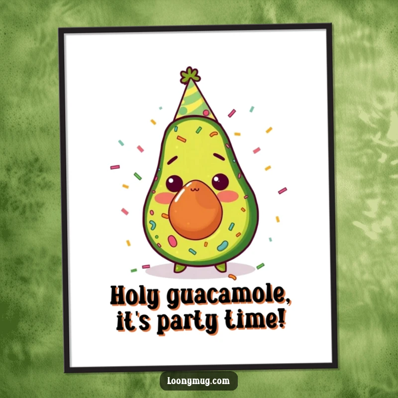 Funny Free Printable Wall Art: A shocked avocado in a party hat, covered in confetti, makes hilarious DIY home decor.