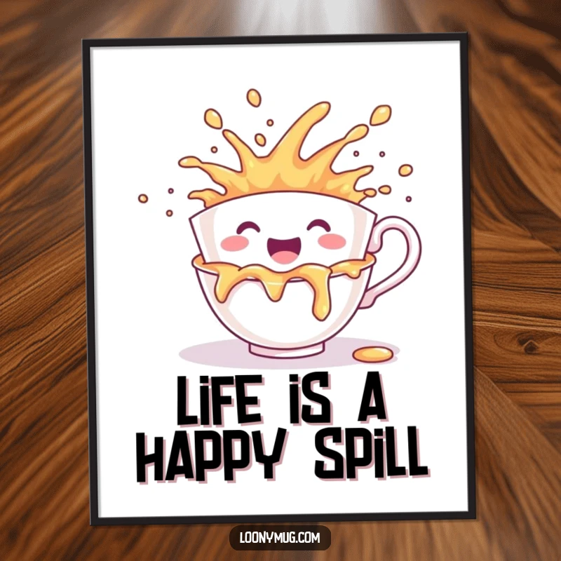 Funny Free Printable Wall Art: A teacup character in mid-spill, creating a vibrant and joyous explosion of color and fun.