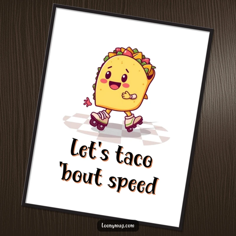 Funny Free Printable Wall Art: A cheerful taco wearing roller skates zooms across a checkered floor, making humorous DIY decor.