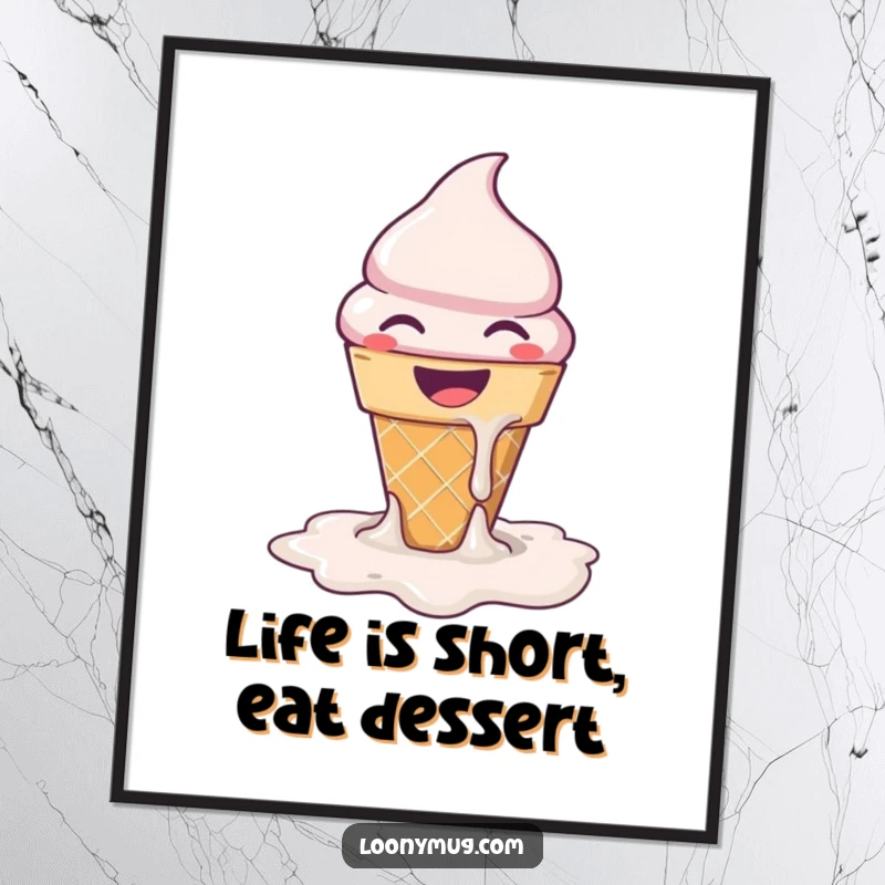 Funny Free Printable Wall Art of a grinning ice cream cone melting into a puddle of joy, perfect for sweet decor.