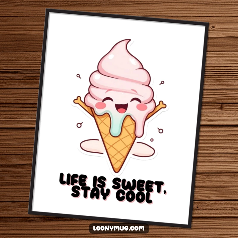 Funny Free Printable Wall Art: A happy ice cream cone character melting dramatically with joy, dripping sweet happiness, perfect for DIY home decor.