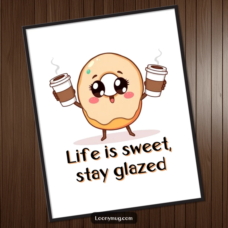 Funny free printable wall art: a doughnut with googly eyes trying to juggle three coffee cups, embodying delightful chaos.