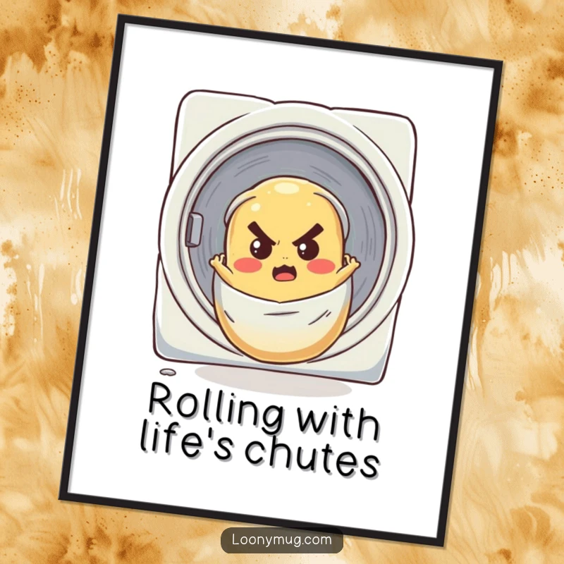 Funny Free Printable Wall Art: Determined potato comically rolling down a laundry chute. Quirky downloadable art.