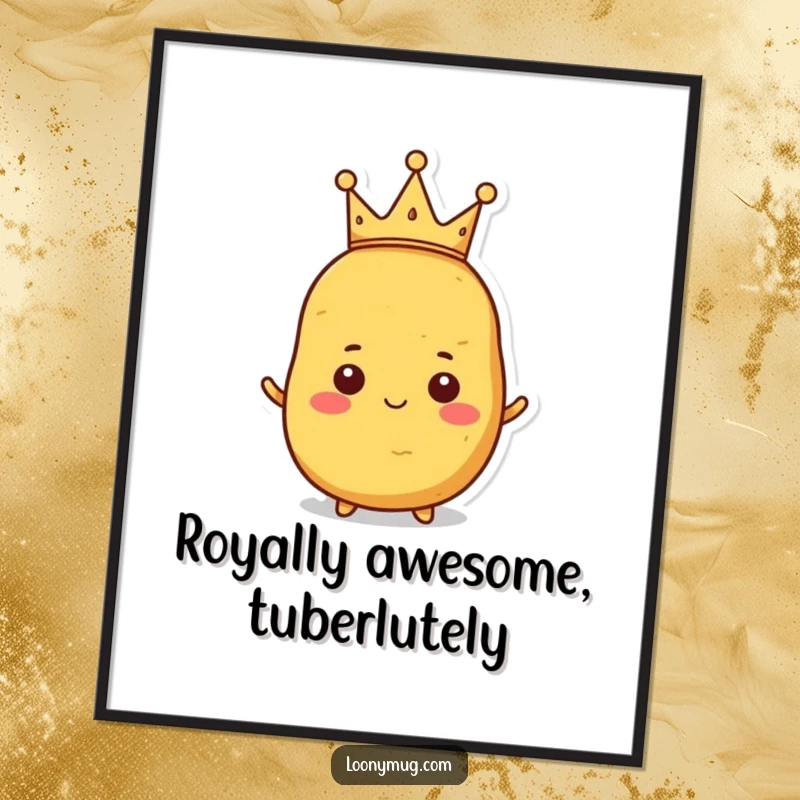 Funny Free Printable Wall Art: A proud potato character proudly wears a tiny, crooked crown, embodying quirky and humorous royalty.