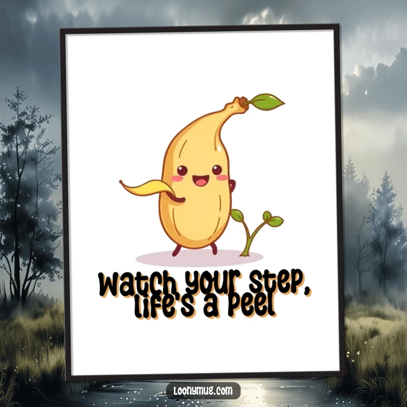 Funny Free Printable Wall Art: A mischievous banana peel poised to trip a smiling potato sprout, a hilarious downloadable art piece.