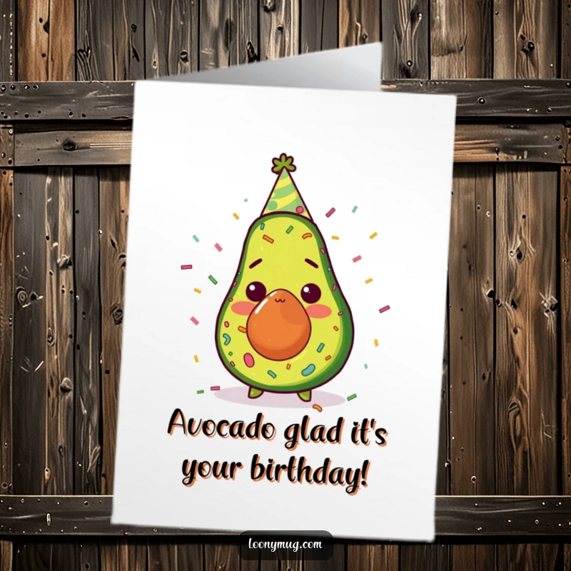 Funny Free Printable Birthday Card: A shocked avocado in a party hat spills confetti, perfect for a hilarious DIY gift.
