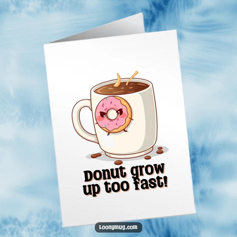 Funny Free Printable Birthday Card: Grumpy donut attempting escape from a giant coffee mug, a humorous downloadable gift.