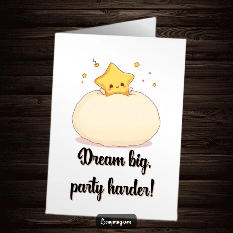 Funny Free Printable Birthday Card: A dreaming star character happily bouncing on a giant, fluffy pillow, wishing sweet dreams.