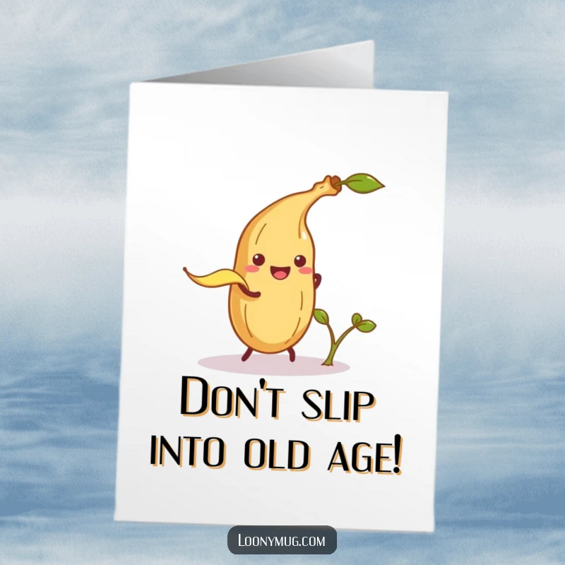 Funny Free Printable Birthday Card: A mischievous banana peel lunges to trip a smiling potato sprout, a prankster's downloadable gift.