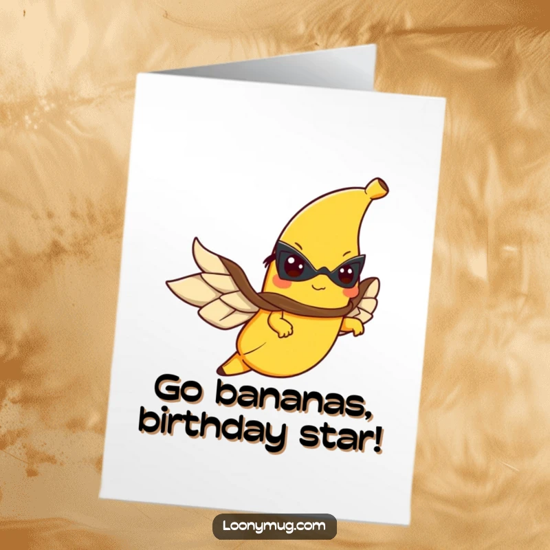 Funny Free Printable Birthday Card: A determined flying banana in a cape, ready to deliver a heroic and humorous birthday wish.