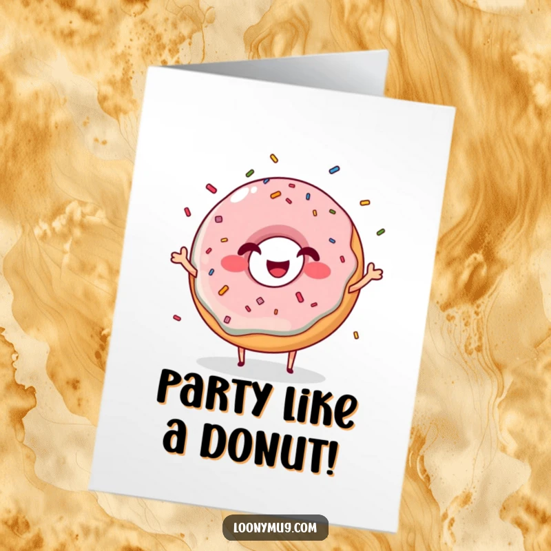 Funny Free Printable Birthday Card: A happy donut character giggling as it juggles colorful sprinkles with a wide grin, ready for printing.