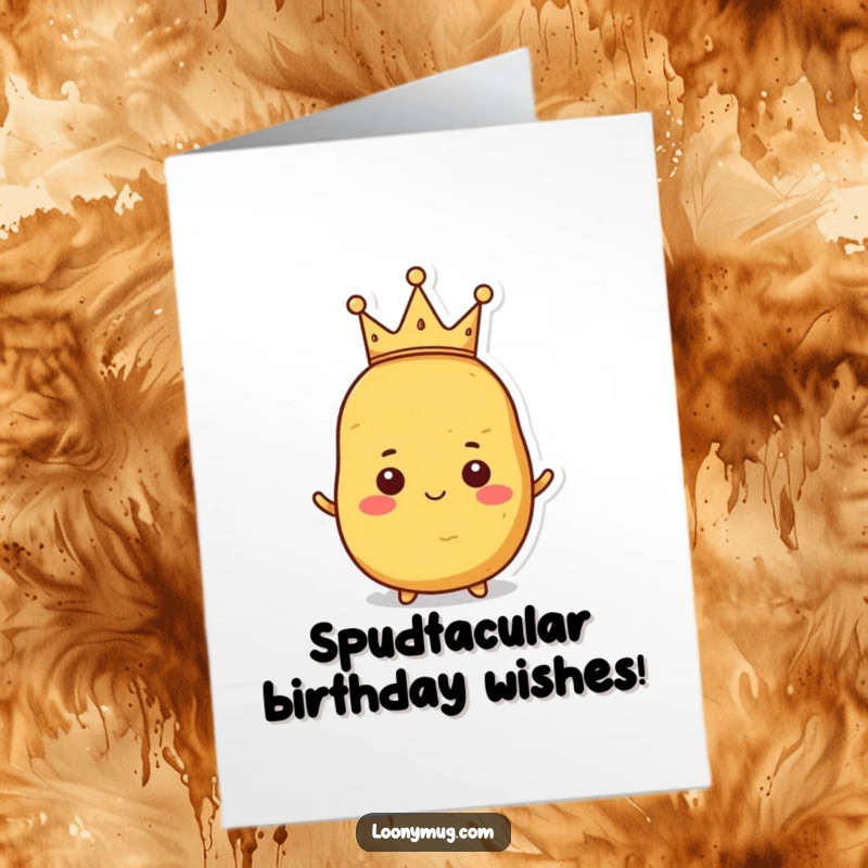 Funny Free Printable Birthday Card: A proud potato sports a tiny, crooked crown, radiating royal and humorous birthday cheer.
