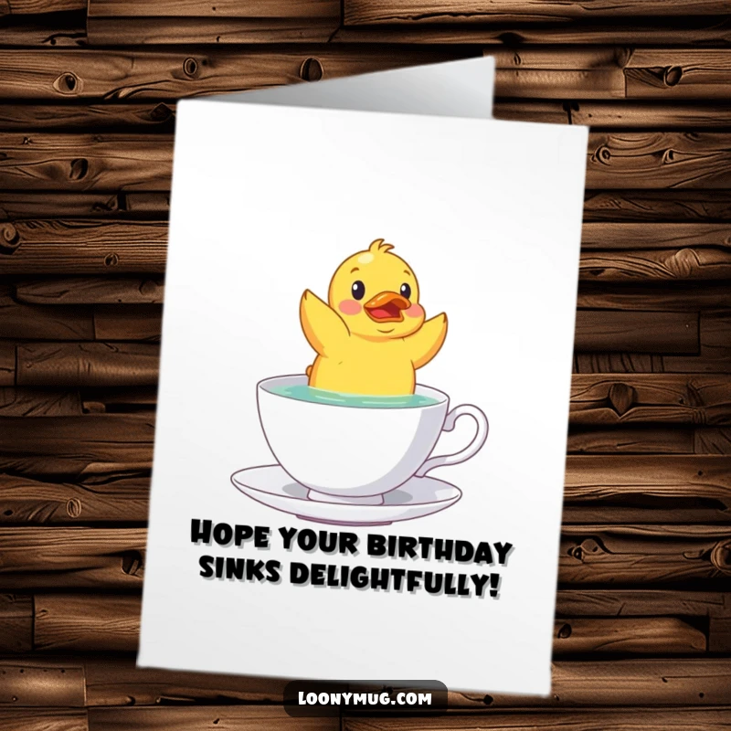 Funny Free Printable Birthday Card featuring a startled rubber duck floating upside down in a teacup, causing bath time chaos.