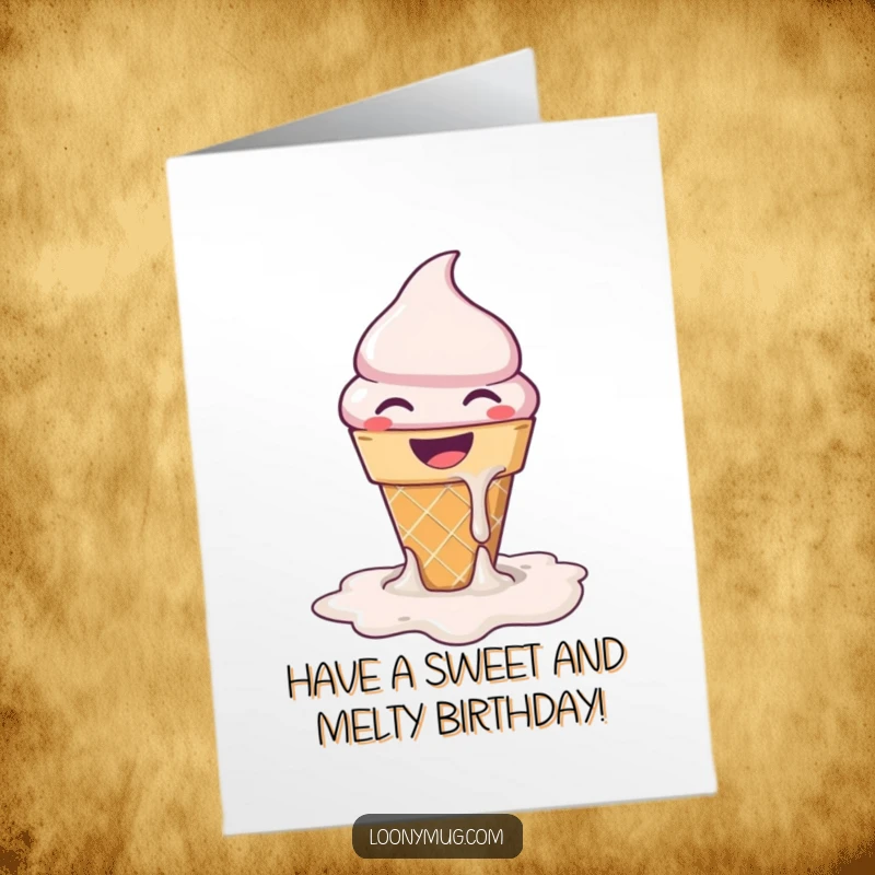 Funny Free Printable Birthday Card featuring a grinning ice cream cone melting into a happy puddle, spreading sweet birthday wishes.