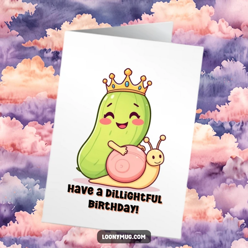 Funny Free Printable Birthday Card: Grinning pickle in a crown rides a snail, bringing regal, humorous birthday wishes.
