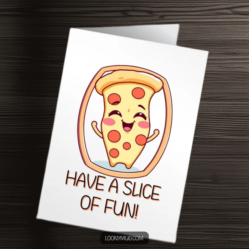 Funny Free Printable Birthday Card: A giggling pizza slice character makes hilarious silly faces while looking into a mirror.