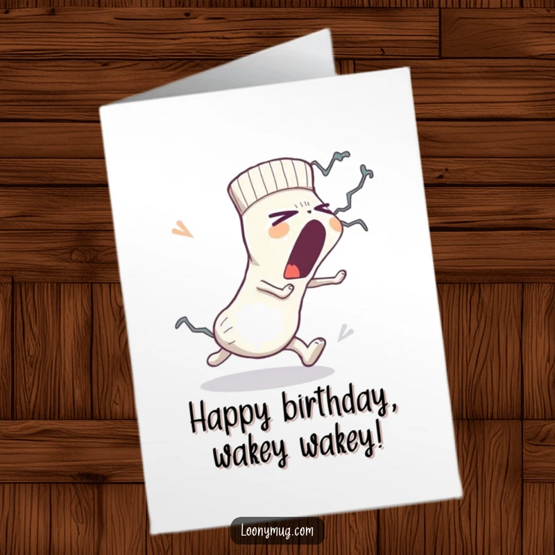 Funny Free Printable Birthday Card: Sleepy sock yawns widely while a lint monster chases it, a comical birthday wish.