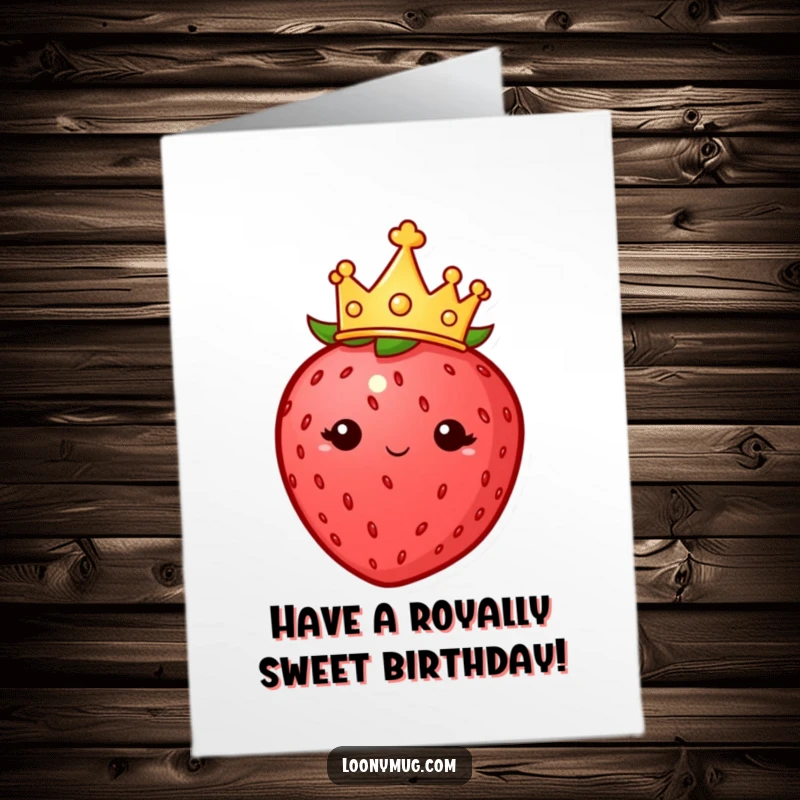 Funny Free Printable Birthday Card: A plump strawberry wearing a tiny crown looks imperious, a regal downloadable gift.
