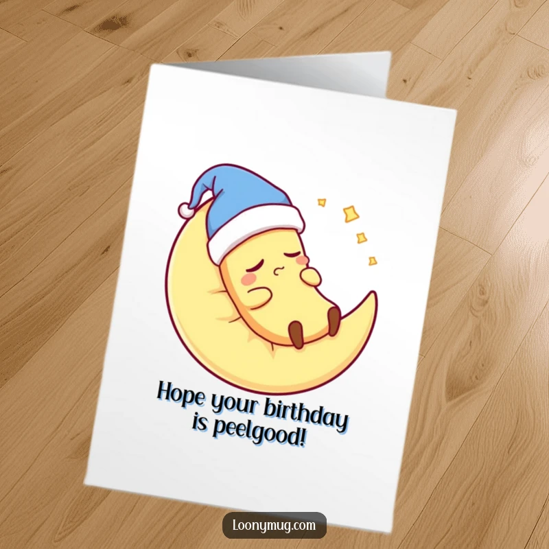 Funny Free Printable Birthday Card: A sleepy banana in a nightcap snores on a moon pillow, a cozy DIY gift.
