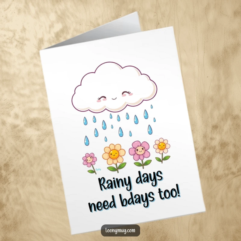 Funny Free Printable Birthday Card featuring a fluffy cloud raining smiling raindrops onto cheerful flowers, a whimsical celebration design.