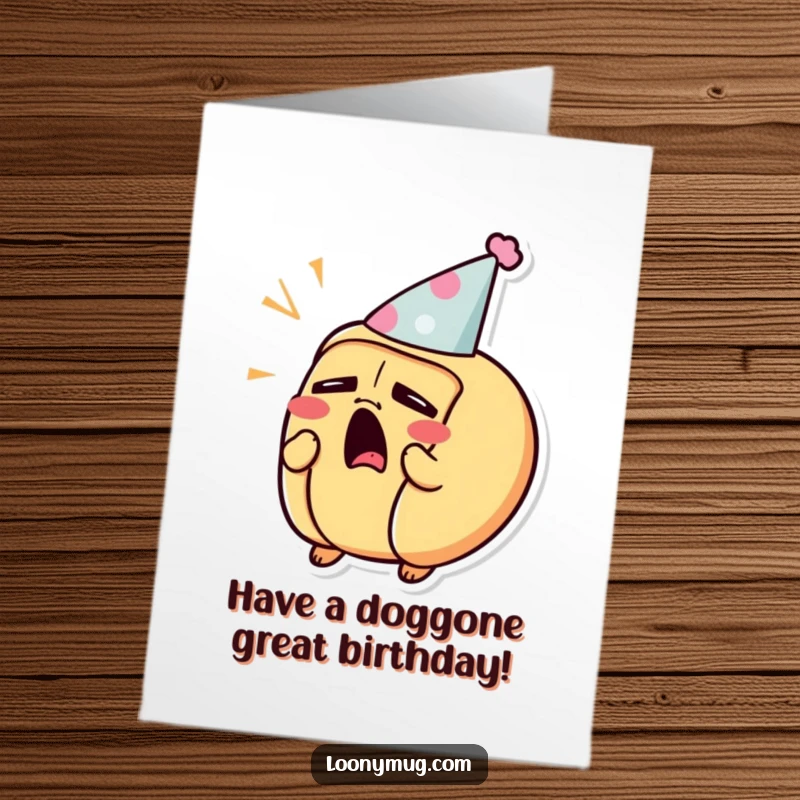 Funny Free Printable Birthday Card: A sleepy hot dog character wearing a tiny party hat, letting out a big yawn.