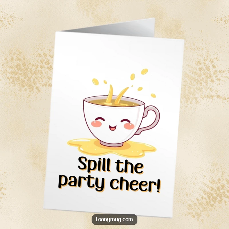 Funny free printable birthday card: a shy teacup giggles as it spills a vibrant rainbow of tea, radiating joy.