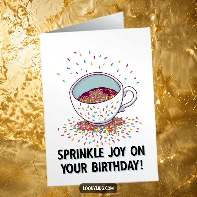 Funny Free Printable Birthday Card: A mischievous teacup spills colorful sprinkles everywhere.