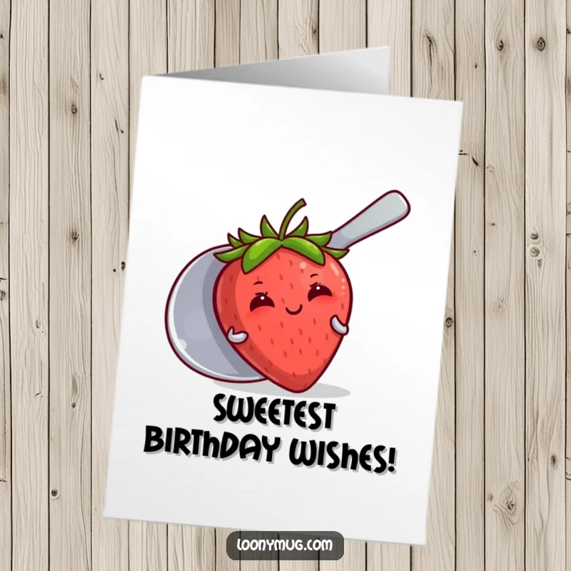 Funny Free Printable Birthday Card: Blushing strawberry peeking shyly behind a giant spoon. Cute downloadable gift.
