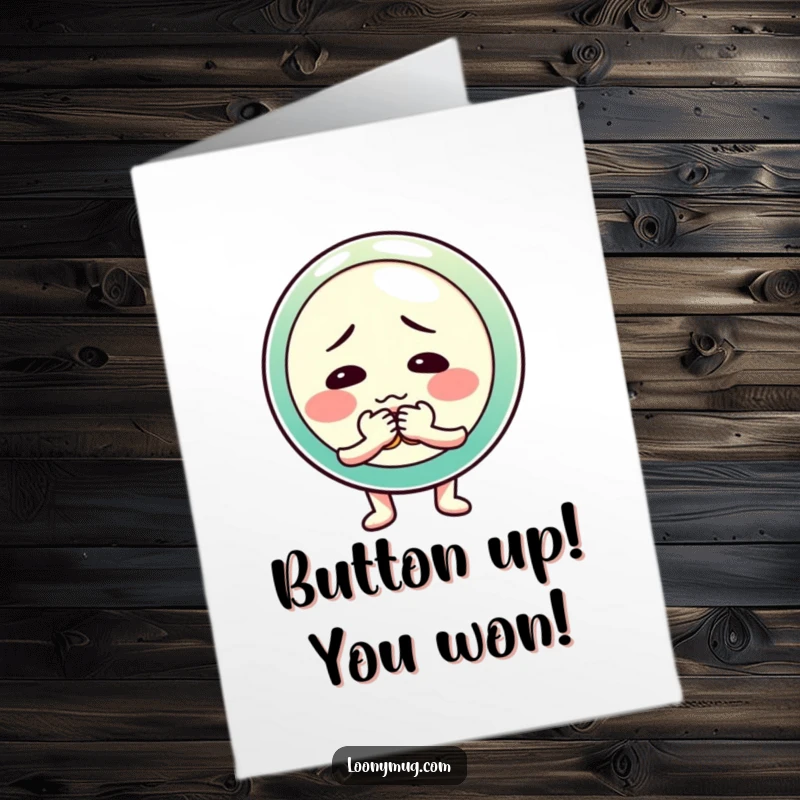 Free Printable Congratulations Card showing a shy button character fumbling with its buttons, feeling a bit embarrassed.