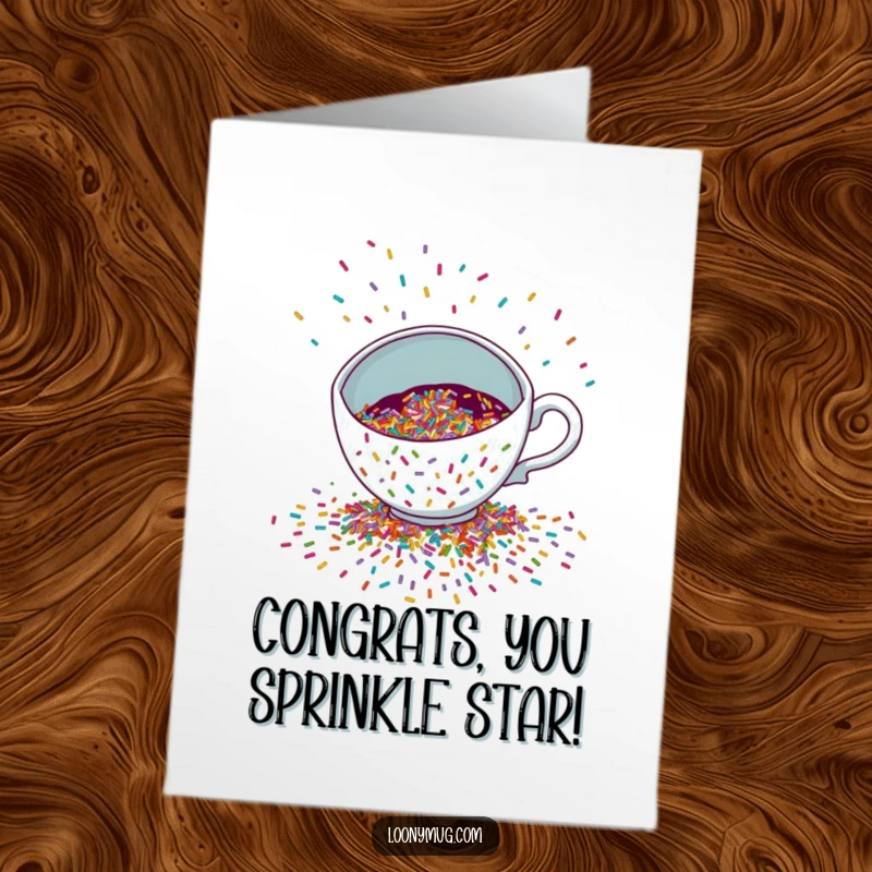 Funny Free Printable Congratulations Card: Teacup spills a cascade of colorful sprinkles for a celebration.