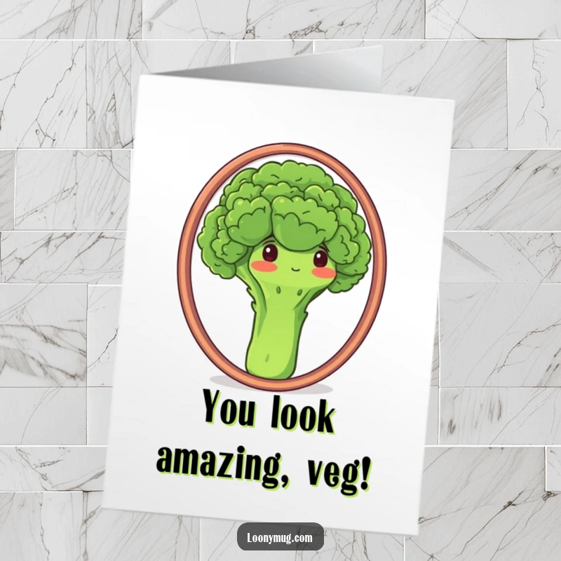 Funny Free Printable Congratulations Card: Proud broccoli admiring its florets in a mirror. Empowering downloadable gift.