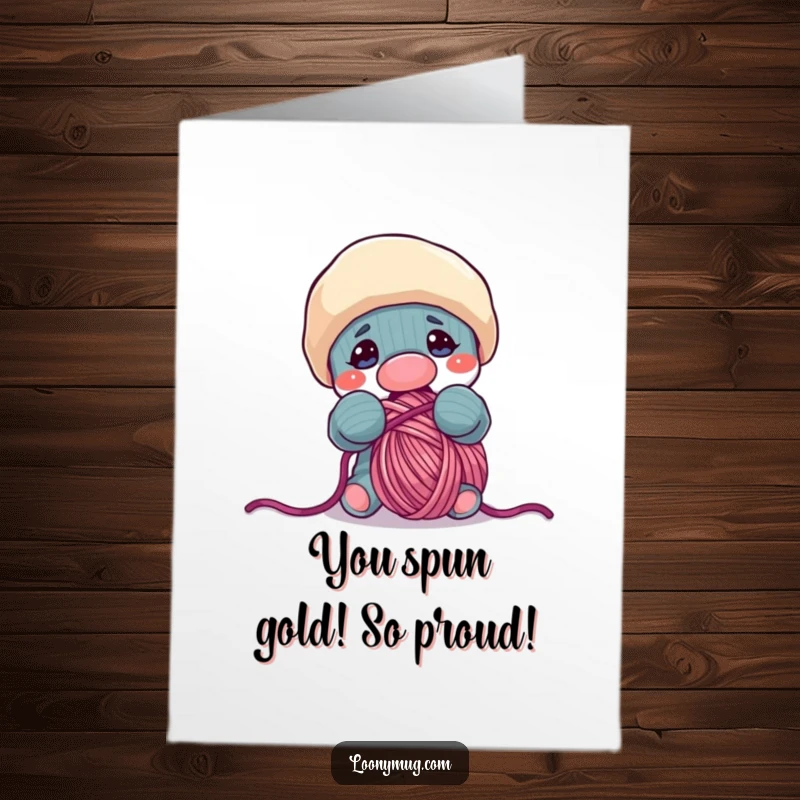 Funny Free Printable Congratulations Card: A sock puppet caught red-handed trying to eat yarn, celebrating achievements with playful mischief.