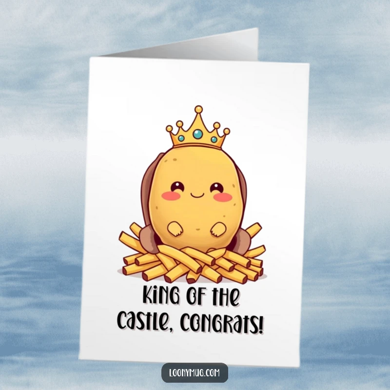 Funny free printable congratulations card: a crowned potato reigns supreme on a throne made of french fries, celebrating victory.