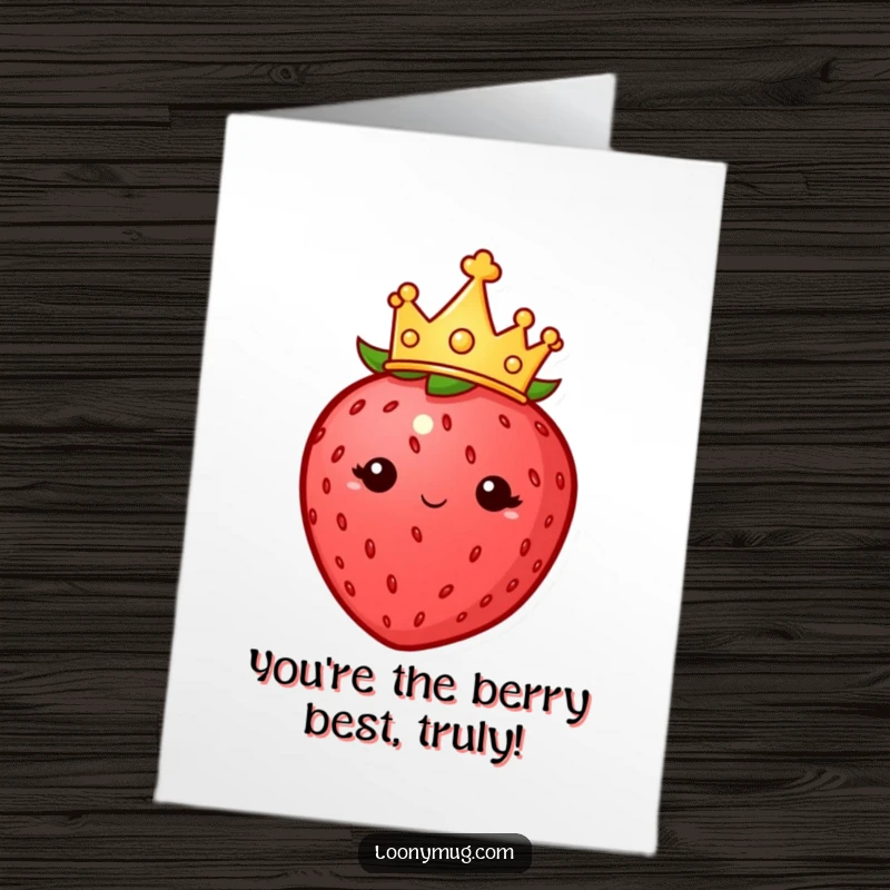 Funny Free Printable Congratulations Card featuring an imperious strawberry with a crown, a regal downloadable gift for a winner.