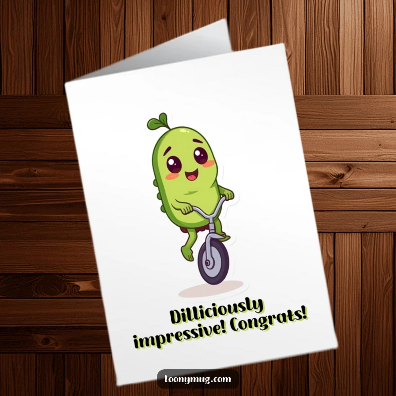 Funny Free Printable Congratulations Card: A pickle character performing an amazing feat by riding a unicycle with exceptional flair.
