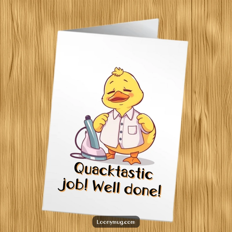 Funny Free Printable Congrats Card: A perplexed rubber duck struggles with an ironing board and a tiny shirt.