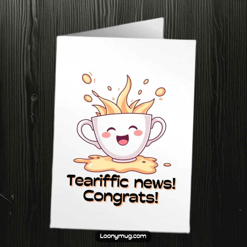 Free Printable Congratulations Card: A cheerful teacup character excitedly spills its contents, celebrating a big win.