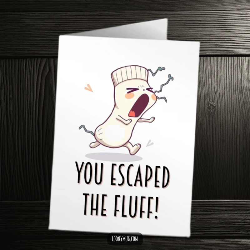 Funny Free Printable Congrats Card: A sleepy sock yawns while fleeing a lint monster, a funny congratulatory scene.