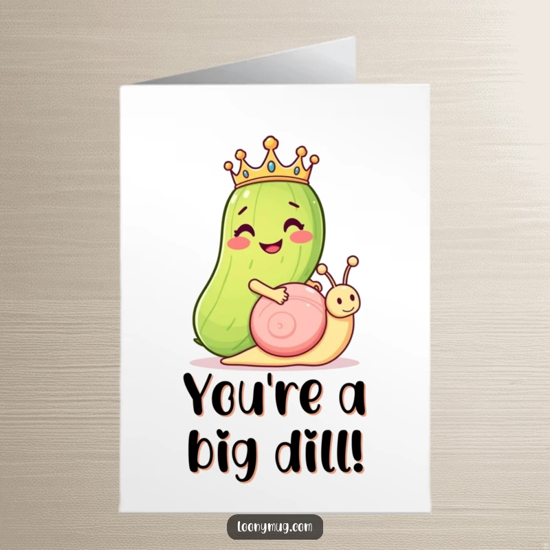 Funny Free Printable Congrats Card: Grinning pickle wearing a crown rides a snail, a humorous congratulatory scene.