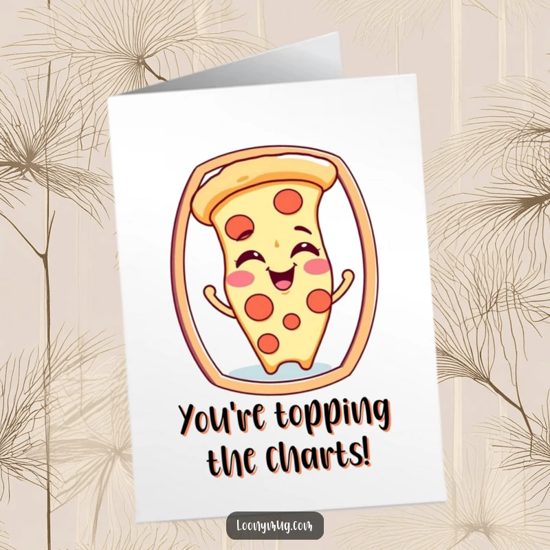 Funny Free Printable Congratulations Card: A giggling pizza slice character pulls funny faces into a mirror, celebrating achievements.