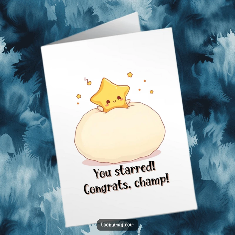 Funny Free Printable Congratulations Card: A star character blissfully bouncing on a large pillow, embodying peaceful celebration.