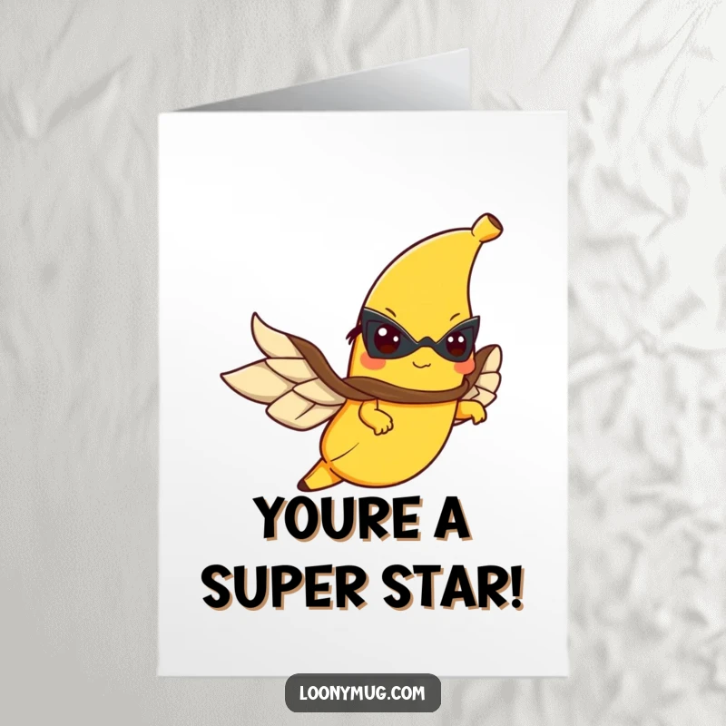 Funny Free Printable Congratulations Card: A determined banana with a cape flies through the air, celebrating a heroic achievement.
