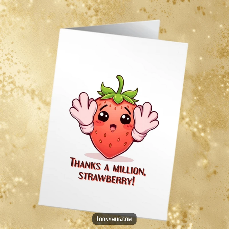 Funny Free Printable Thank You Card featuring a surprised strawberry wearing large gardening gloves, offering a heartfelt, humorous thanks.