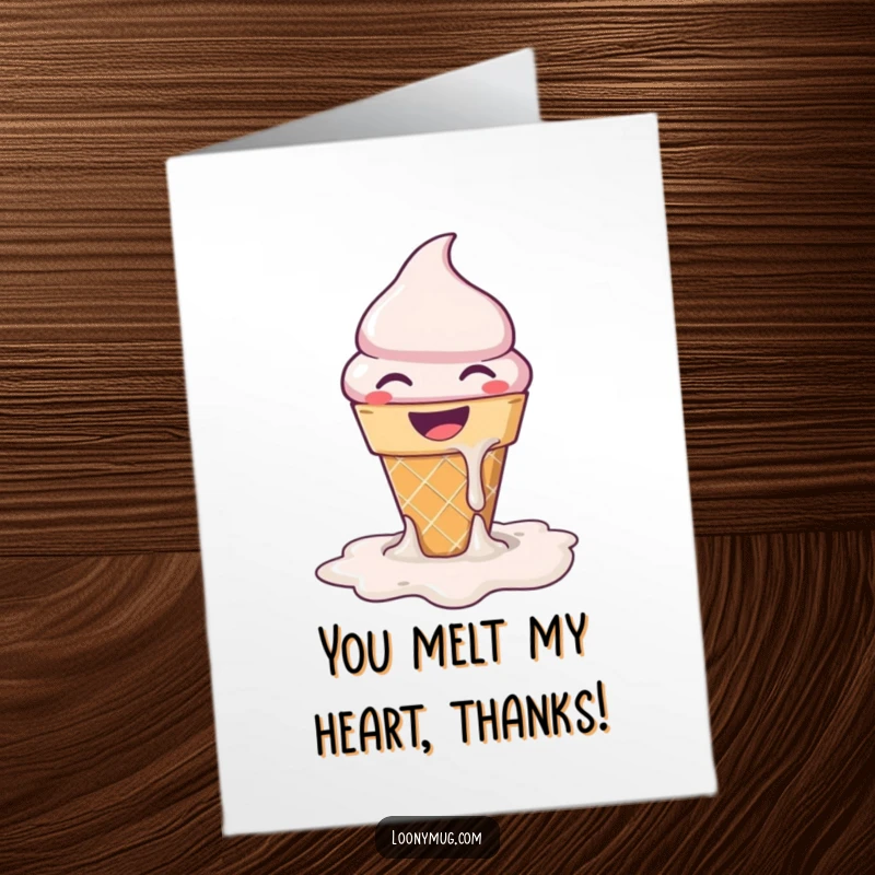 Funny Free Printable Thank You Card featuring a grinning ice cream cone melting into a puddle of happiness, expressing sweet thanks.